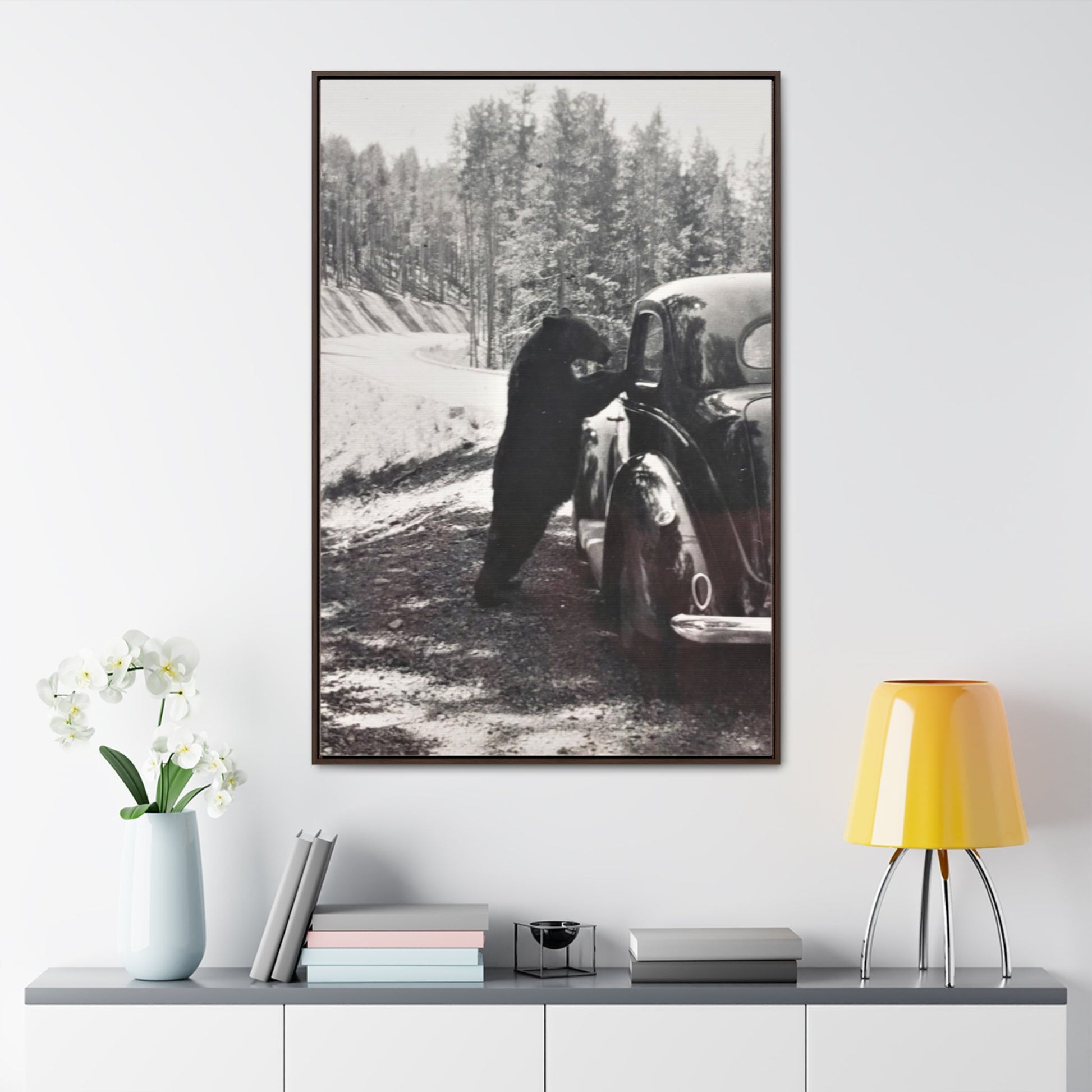 Yellowstone Bear Car Gallery Canvas Wraps Vertical Frame - 32″ x 48″ Premium Gallery Wraps (1.25″) Walnut - Canvas