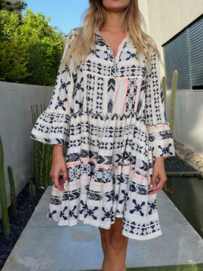 Printed Tiered Babydoll Dress - Black -