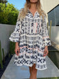 Printed Tiered Babydoll Dress - Black -