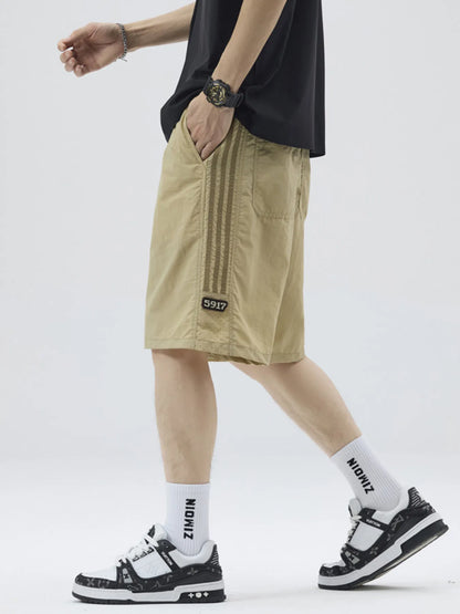 Men's Full Size Casual Loose-Fit Drawstring Shorts with Stripe Detail Plus Size - -