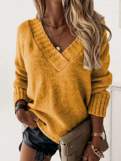 V-Neck Long Sleeve Knit Top - Sherbet -