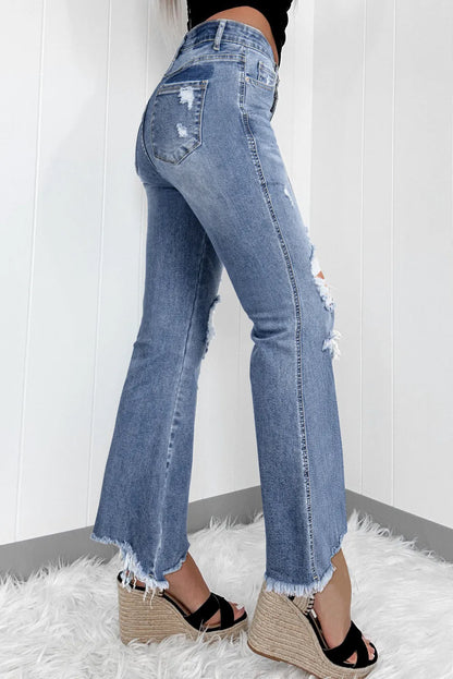 Distressed Raw Hem Bootcut Jeans - -