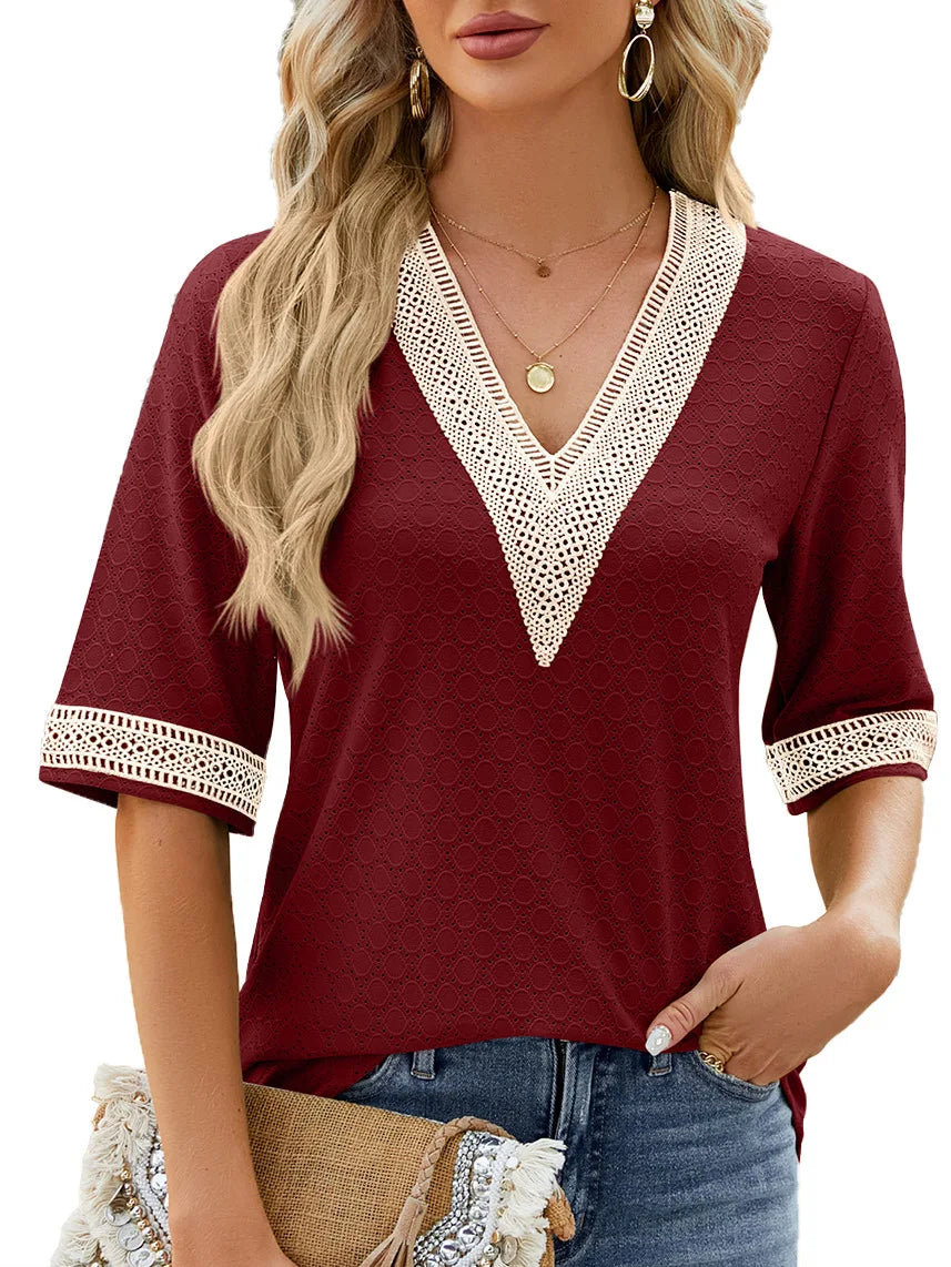 Solid Color Pullover V-Neck Lace Panel Mid Sleeve Shirt