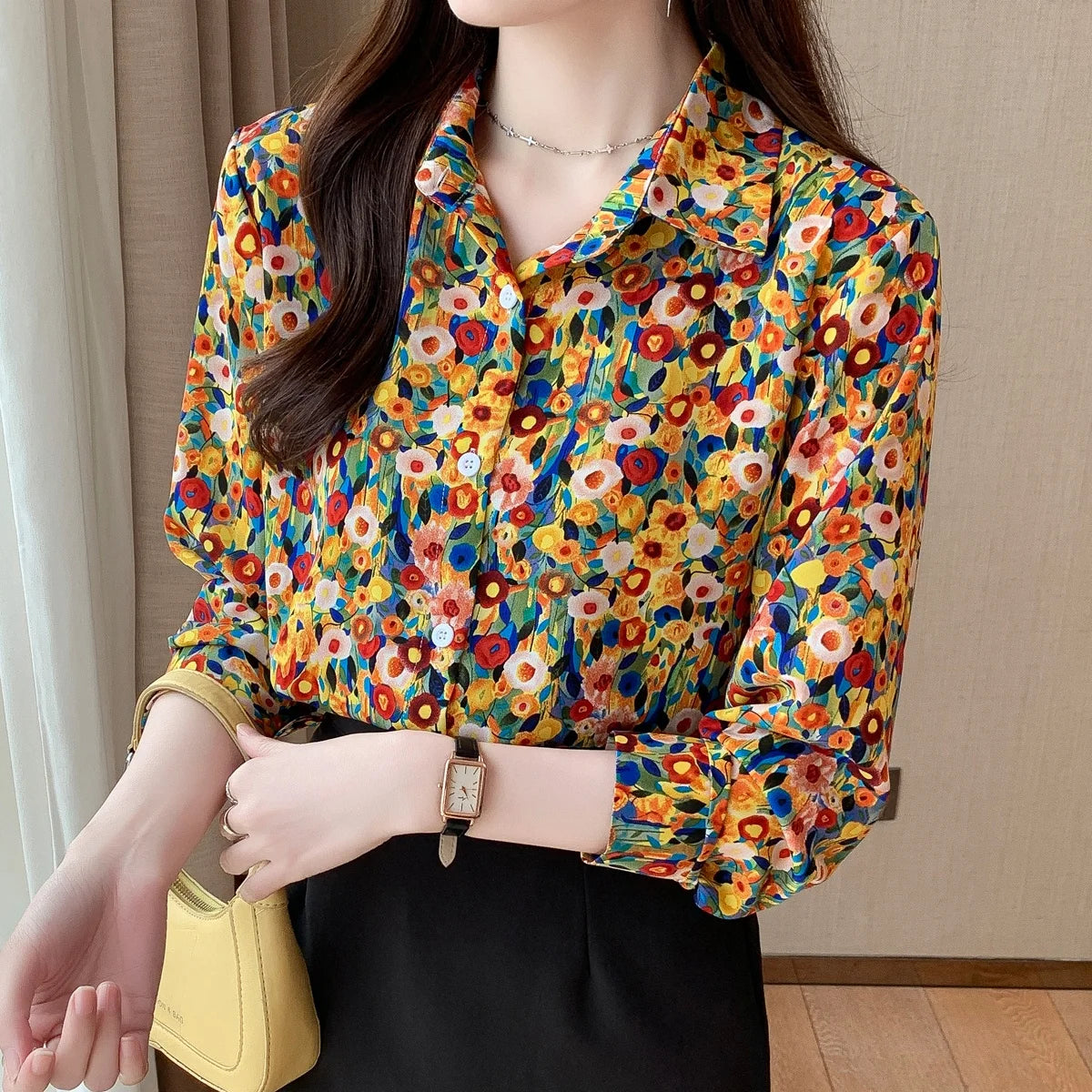 Women's Chiffon Vintage Abstract Print Button Up Loose Shirts Long Sleeve