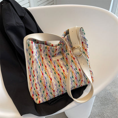 Large Capacity Womens Knit Rainbow Bucket Bag - Color - handbag