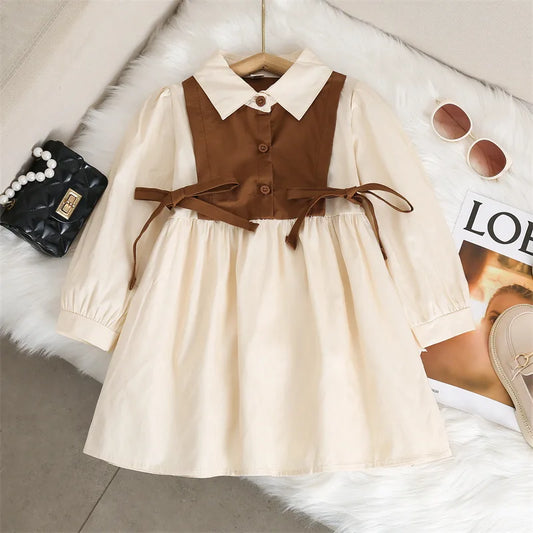 Girls Long Sleeve Casual Princess Bow Dress