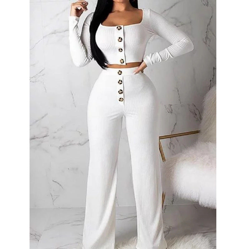 Long Sleeve Cardigan Slim Button Casual Cropped Tops and Pants Two Piece Set