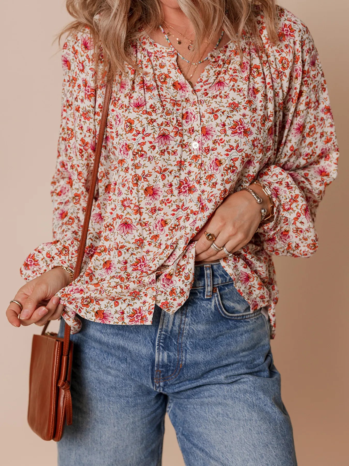 Floral Long Sleeve Button Down Blouse - -