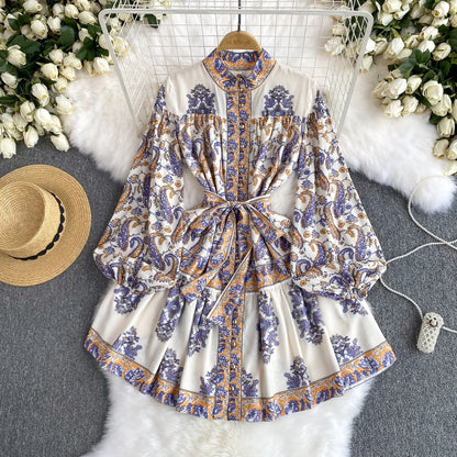 Retro Collar Lantern Sleeve Waisted Printed Ruffle Dresses