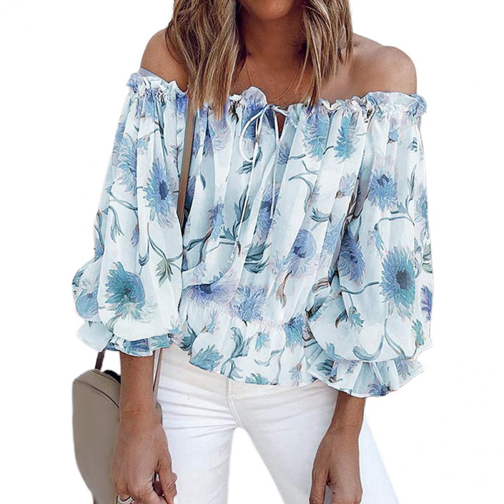 Womens Off-Shoulder Chiffon Print Long Sleeve Top - - Women's Fashion - Women's Clothing - Tops & Tees