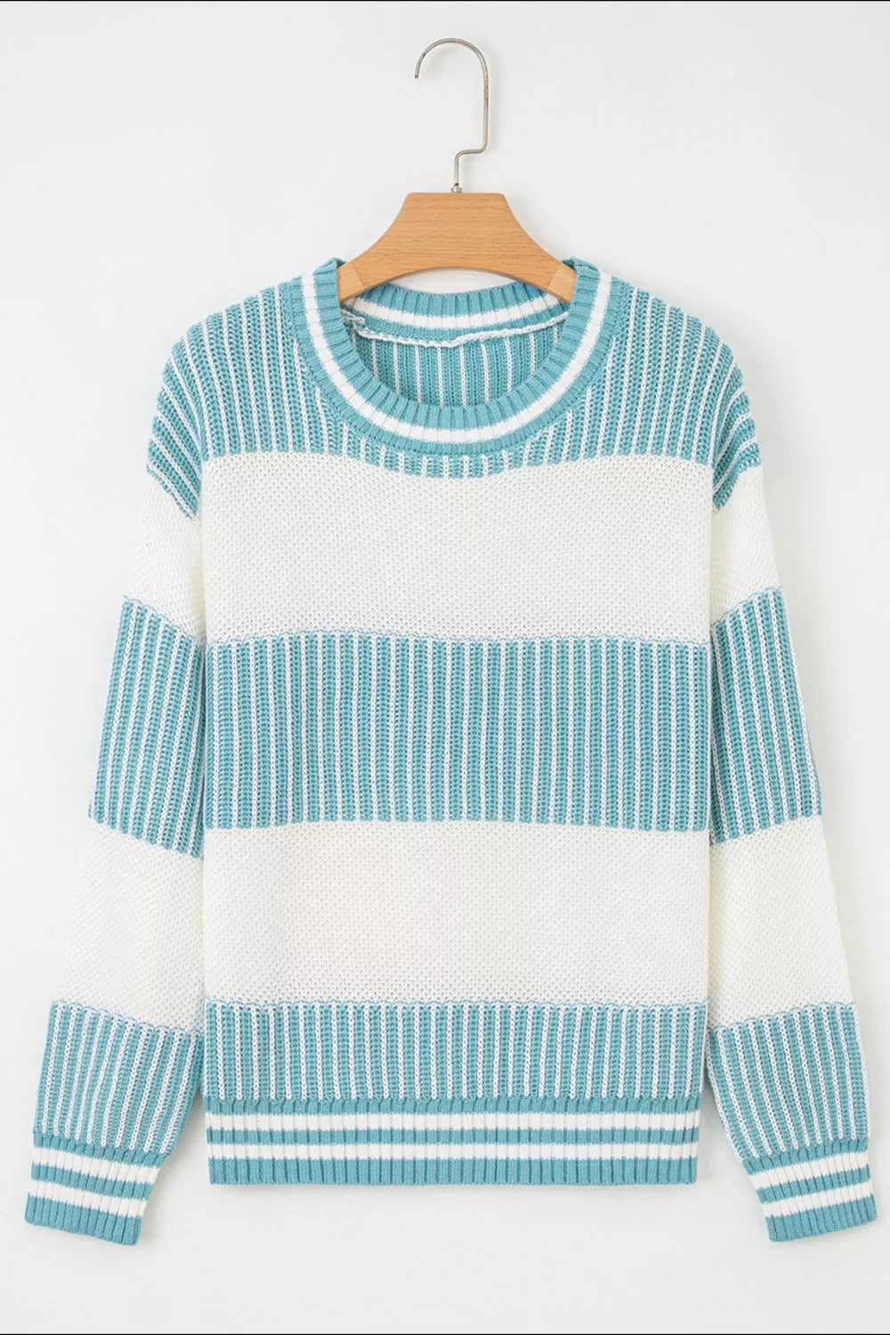 Two Tone Striped Patchwork Drop Shoulder Loose Sweater - -