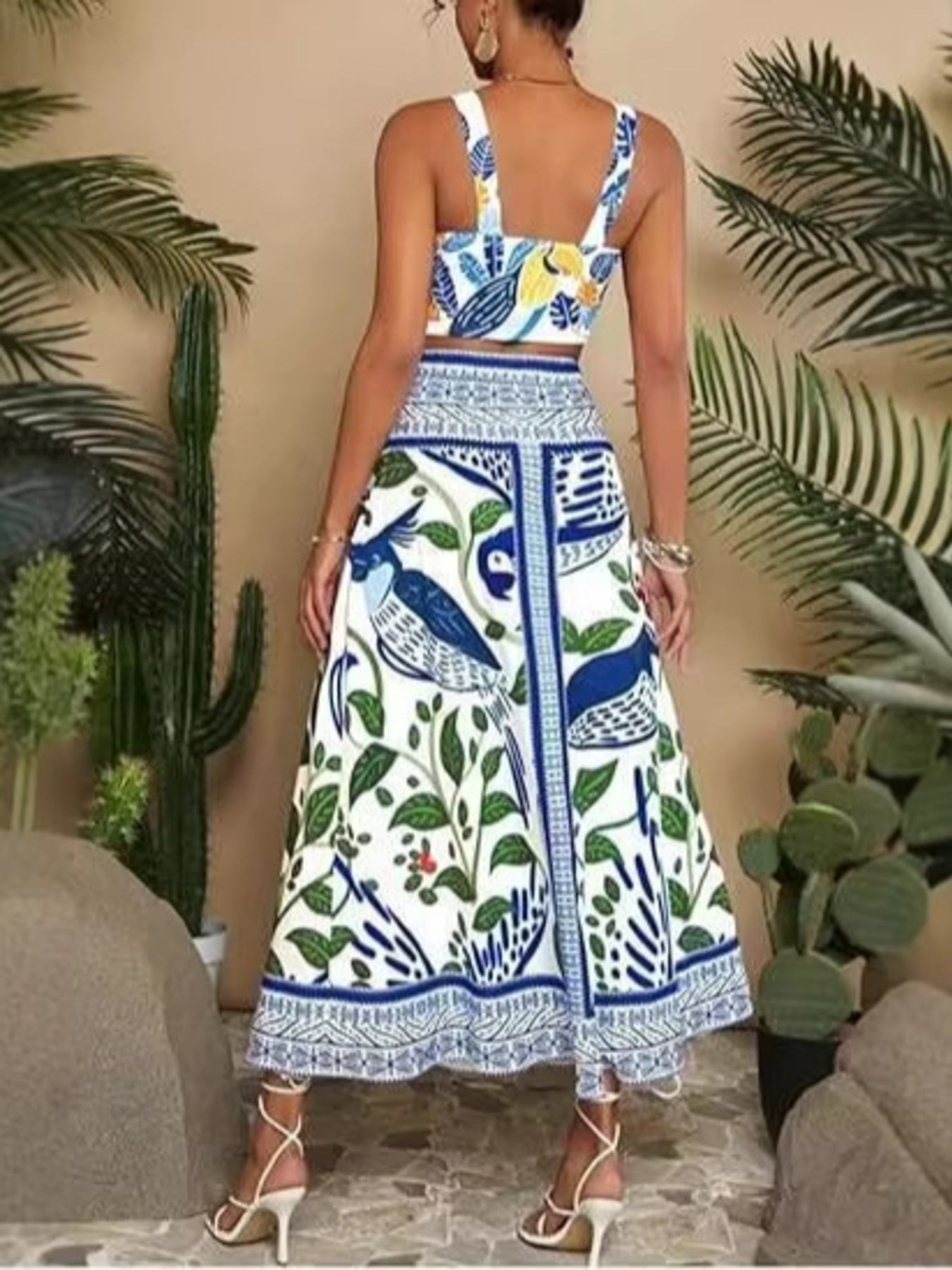 Floral Print Crop Top and Skirt Set - -