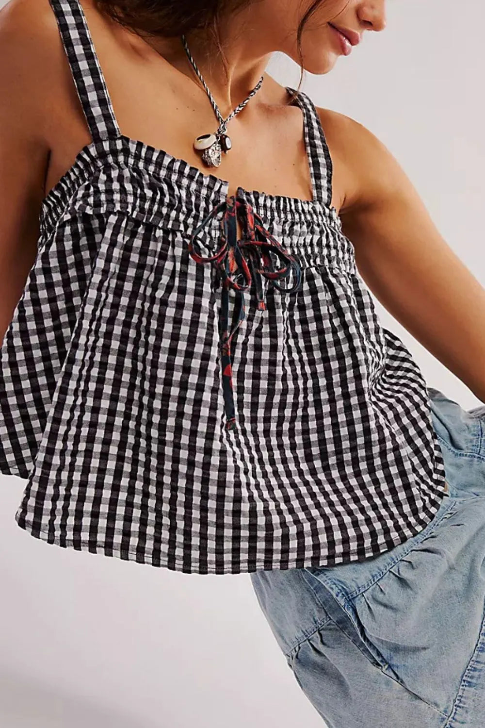 Tied Front Textured Square Neck Cami - - Top