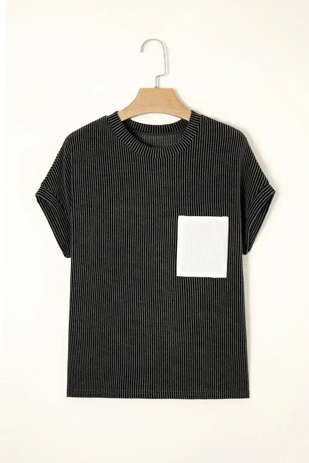 Pink Corded Colorblock Pocket Crew Neck T Shirt - - T Shirts