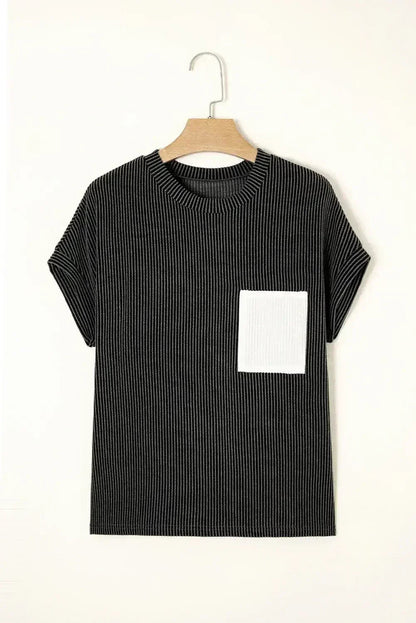 Pink Corded Colorblock Pocket Crew Neck T Shirt - - T Shirts