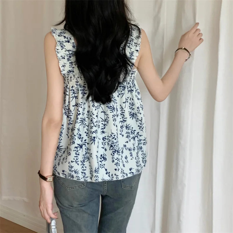 Loose Straps Floral Print Casual Square Collar Camis