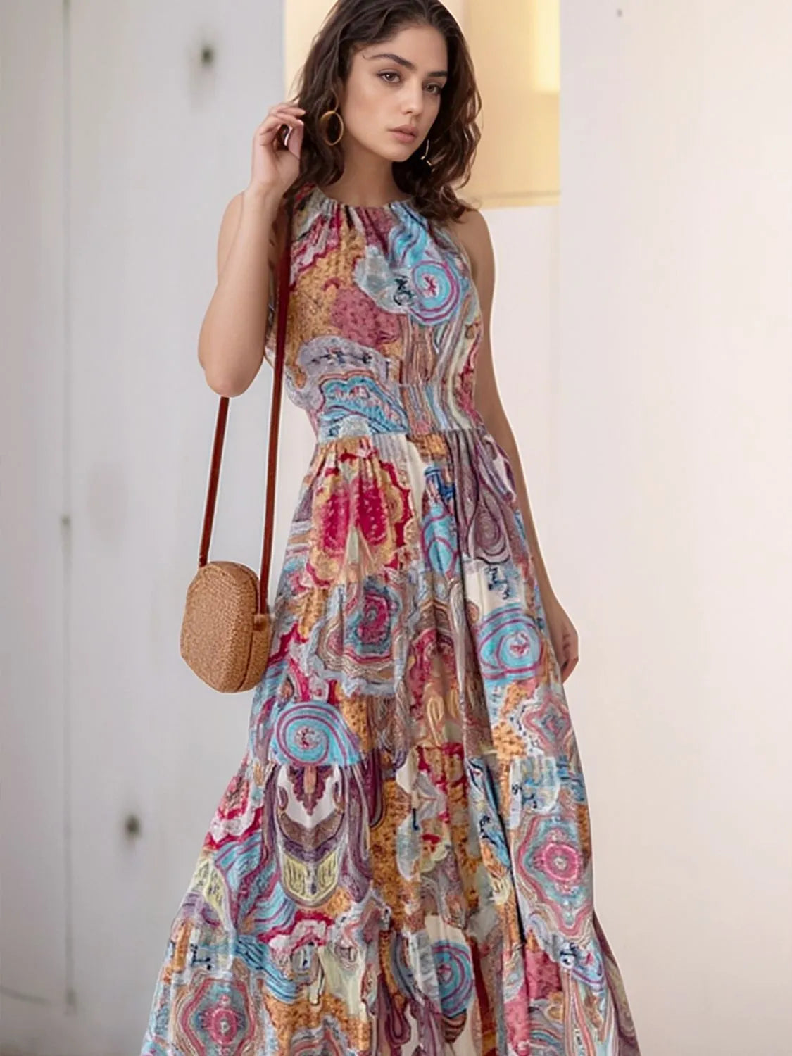 Printed Halter Neck Maxi Dress - -