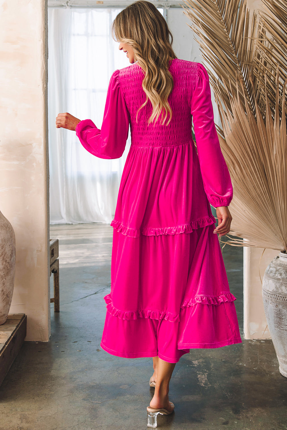 Rose Red Shirred V Neck Long Sleeve Velvet Dress - - Dresses/Maxi Dresses