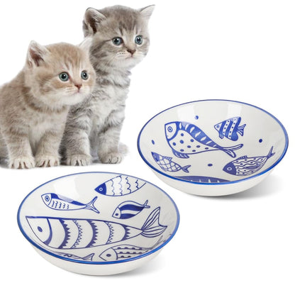 PurrfectFeast Ceramic Cat Dishes - 2Pc Set - 2 Fish - pet bowl