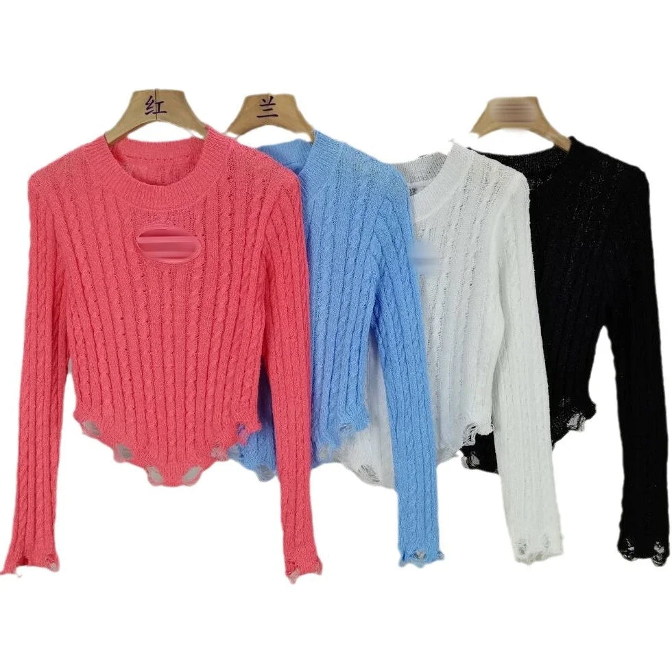 Women Long Sleeve O-Neck Solid Color Hollow Out Tassel Fringe Knitted Shirt