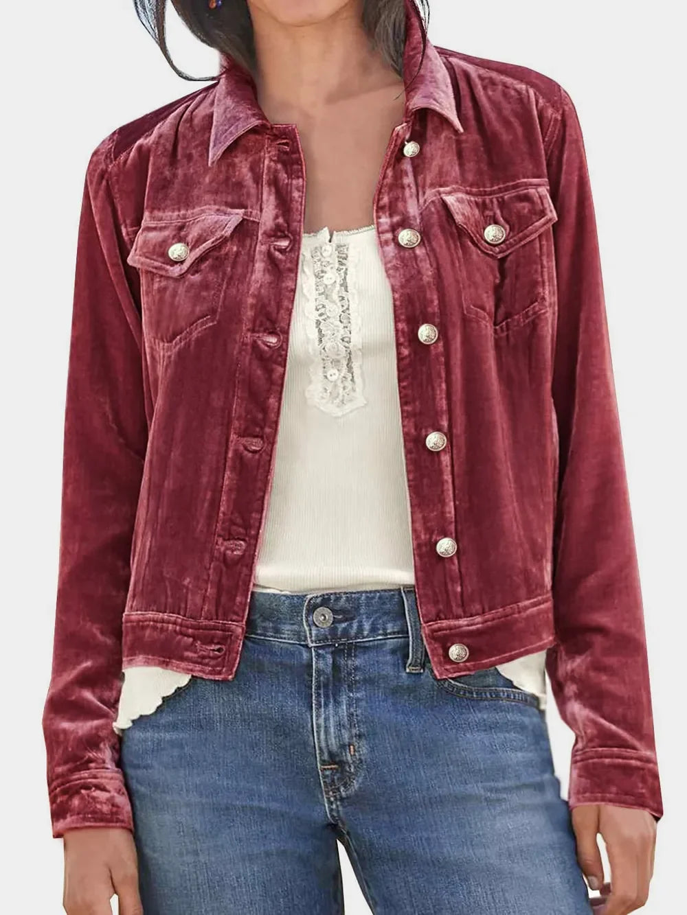 Button Up Long Sleeve Jacket with Chest Pockets - -