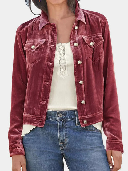 Button Up Long Sleeve Jacket with Chest Pockets - -