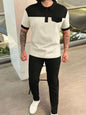 Men‘s Full Size Waffle-Knit Contrast Top and Pants Set Plus Size - Beige -