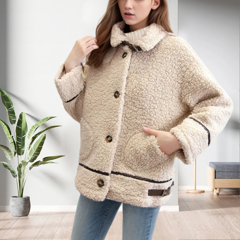 Fleece Solid Color Button Outerwear Warm for Women Coat