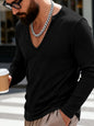 Men's Full Size Casual Ribbed Long Sleeve T-Shirt Plus Size - Black -
