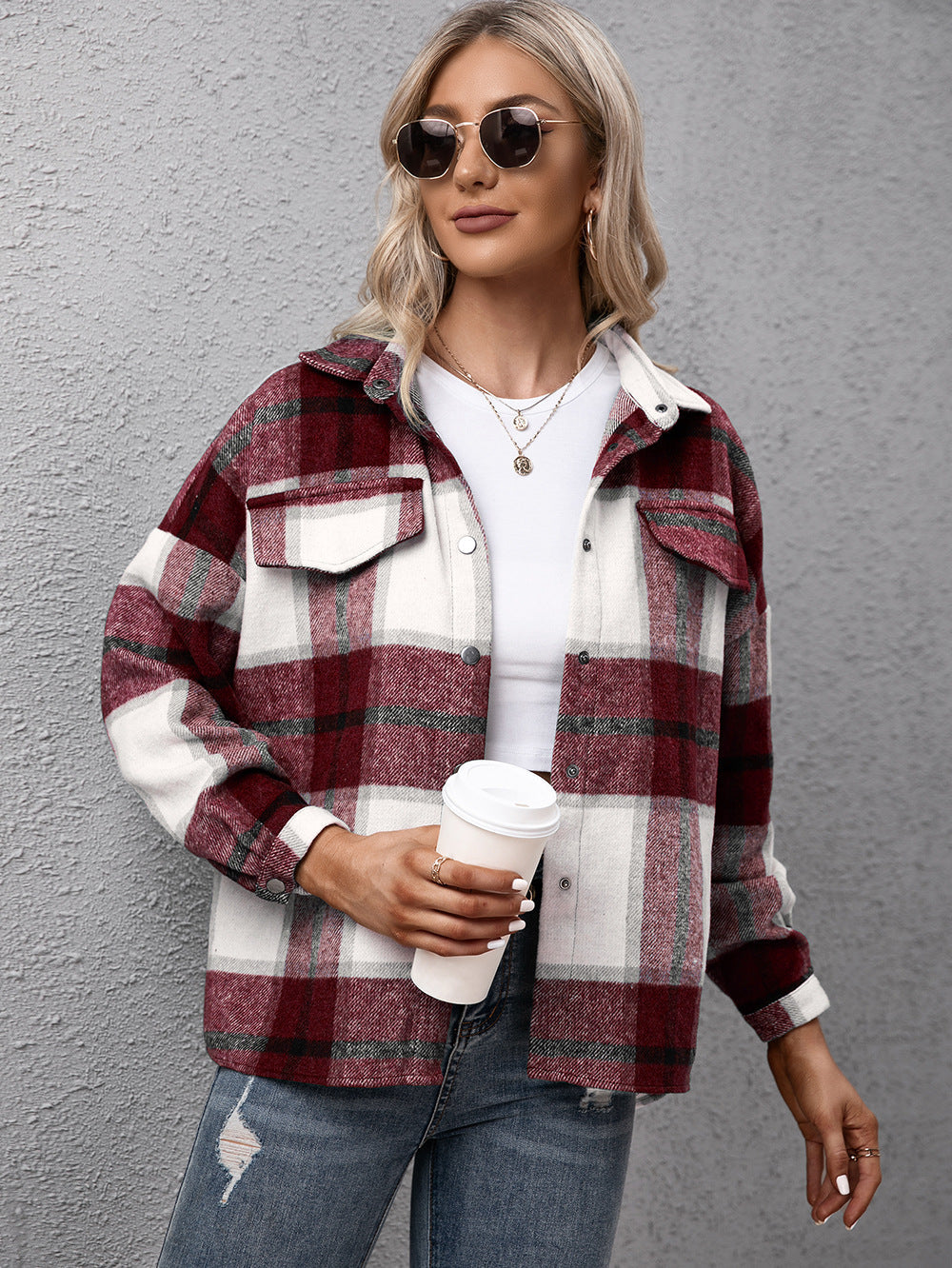 Ivy Lane Plaid Long Sleeve Shirt Jacket - -