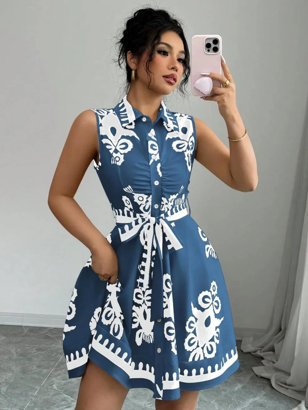 Printed Sleeveless Button Front Dress - Blue -