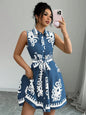 Printed Sleeveless Button Front Dress - Blue -