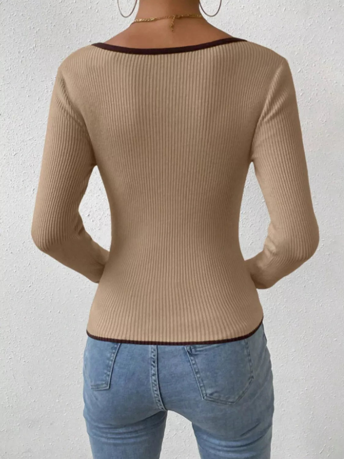 Contrast Trim Long Sleeve Knit Top - -
