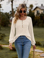 Round Neck Button-Down Long Sleeve Tee - Beige -