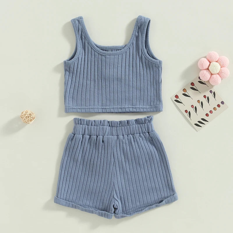 Solid Color Tank and Ribbed Drawstring Shorts Set