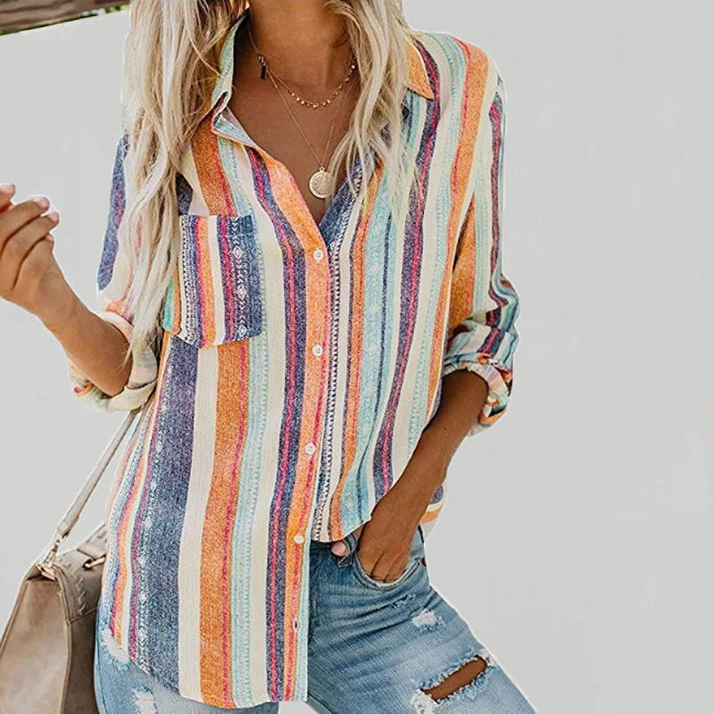 Vertical Stripe Print Button Long Sleeve Shirt Daily Single Breasted Work Blouse