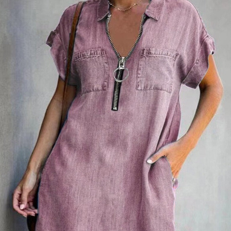 Denim Dress With Zip Closure - - dress