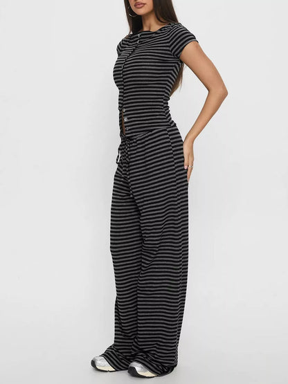 Striped Button-Down Top and Wide-Leg Pants Set- Shopimist- {{Product type}}