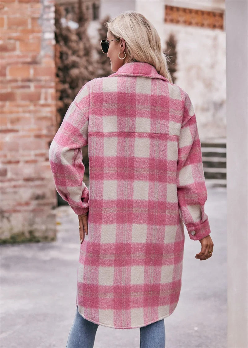 Long Jacket Women's New Pocket Plaid Long Coat Loose Mohair Long Plaid Coat Pink