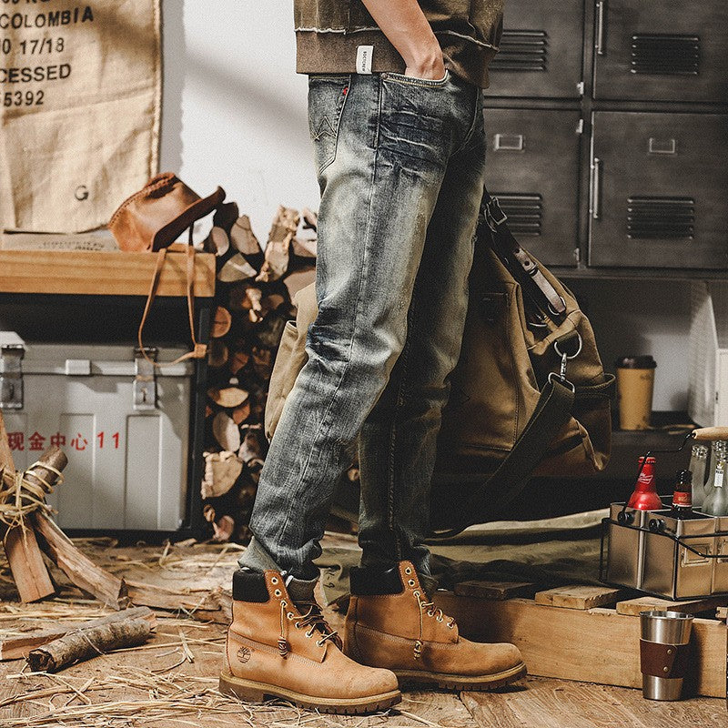 Vintage Distressed Slim Fit Denim Jeans - - jeans