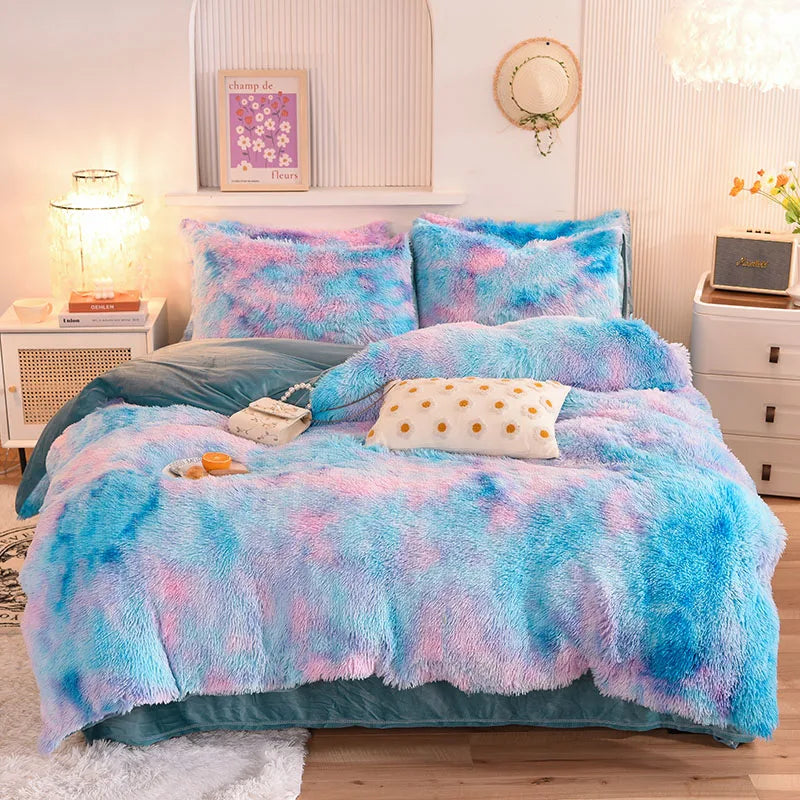 Rainbow Color Velvet Fluffy Plush Soft Bedding Bed Warm for Girl Sheet Set 4