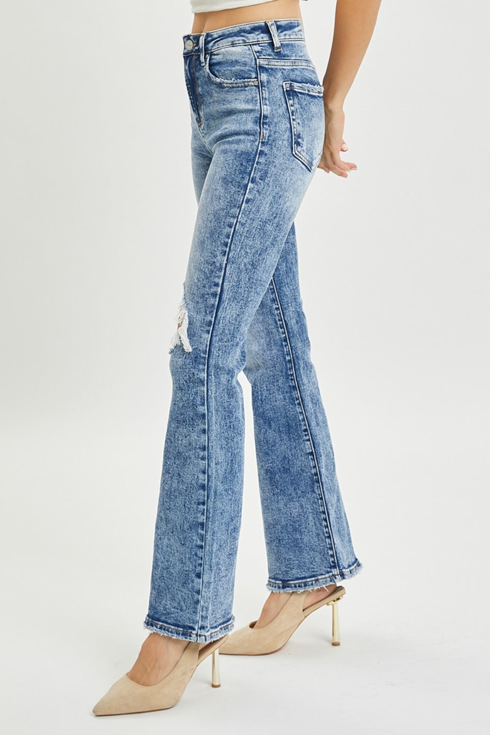 RISEN High Waisted Distressed Blue Denim Flared Leg Jeans - - jeans