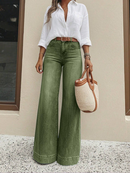 Vintage Washed High Waist Wide Leg Jeans - - Jeans