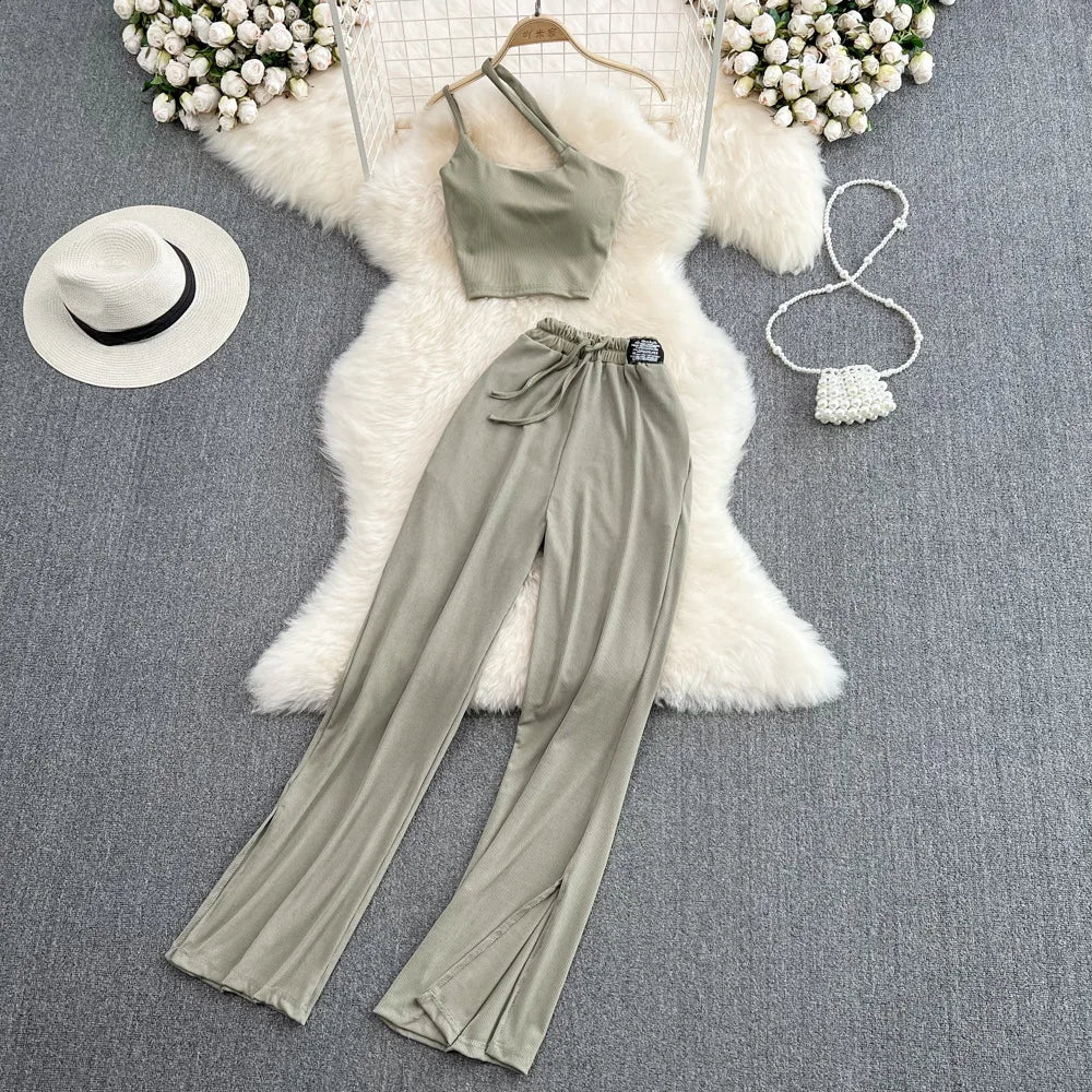 2Piece Set Women's Wide Leg Pants and High Waist Loose Straight Casual Pants