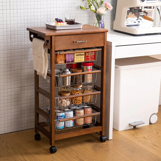 5-Tier Cart on Wheels Wooden Shelves, Lockable Utility Cart With Mesh Baskets