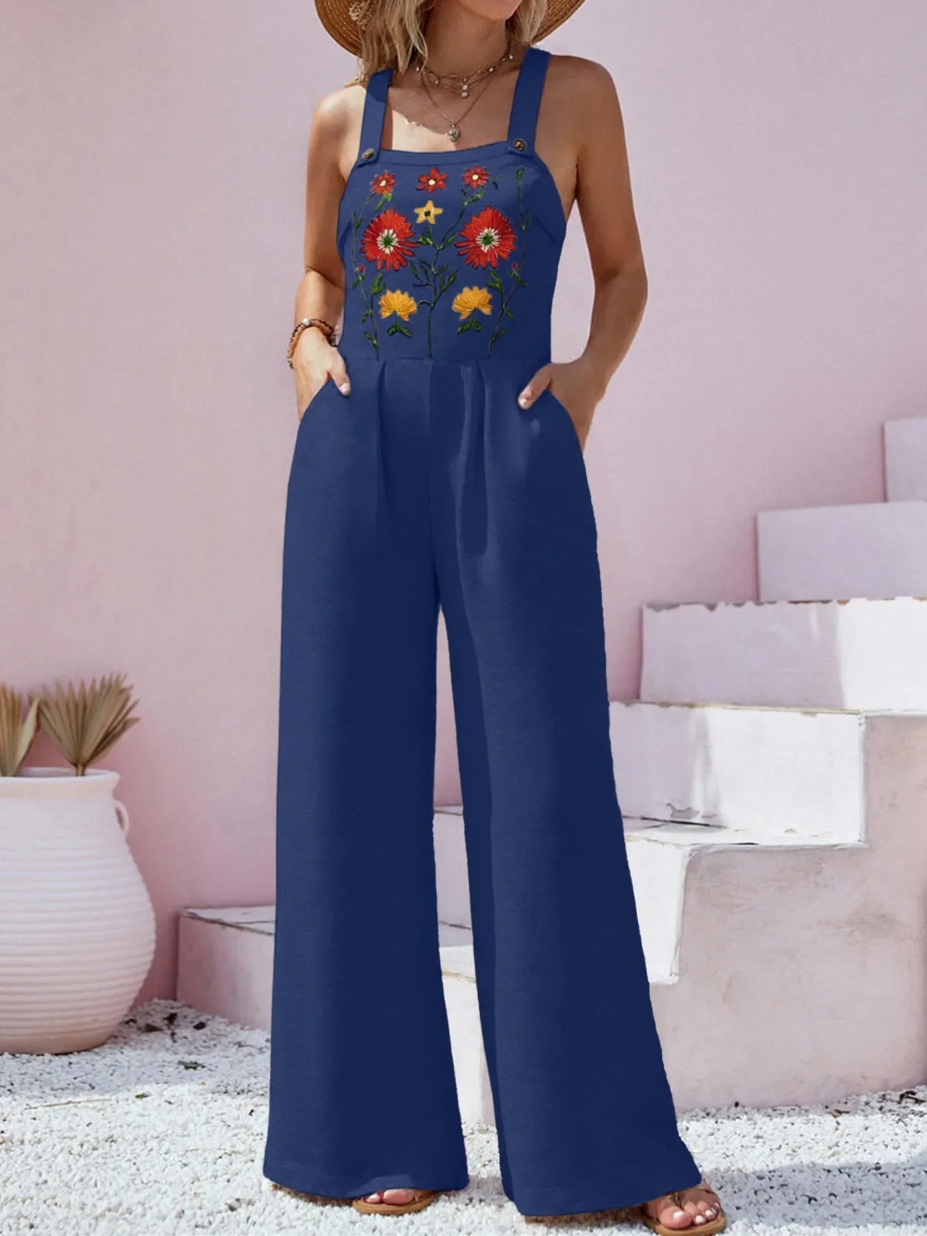 Floral Embroidered Wide Leg Jumpsuit - -