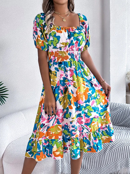 Ruffled Hem Smocked Floral Short Sleeve Midi Dress - -