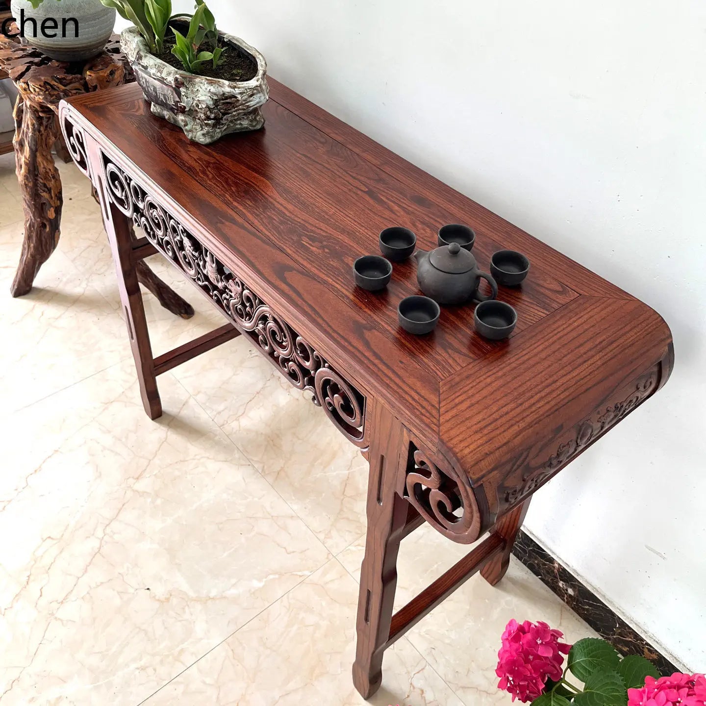 Solid Wood Guqin Console Table – Scroll-Head Altar Table - - Religious Altar Table