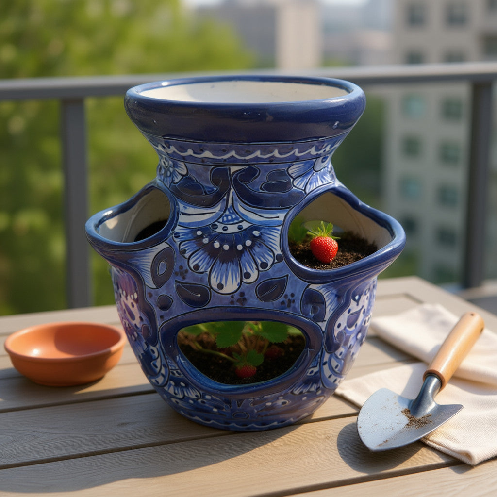Blue & White Talavera Strawberry Planter Handmade Mexican Pot - - Talavera Planter