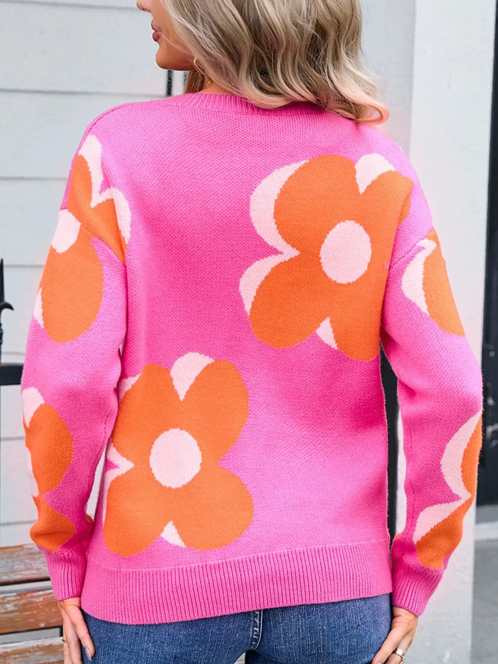 Angel Wings Flower Round Neck Long Sleeve Sweater - -